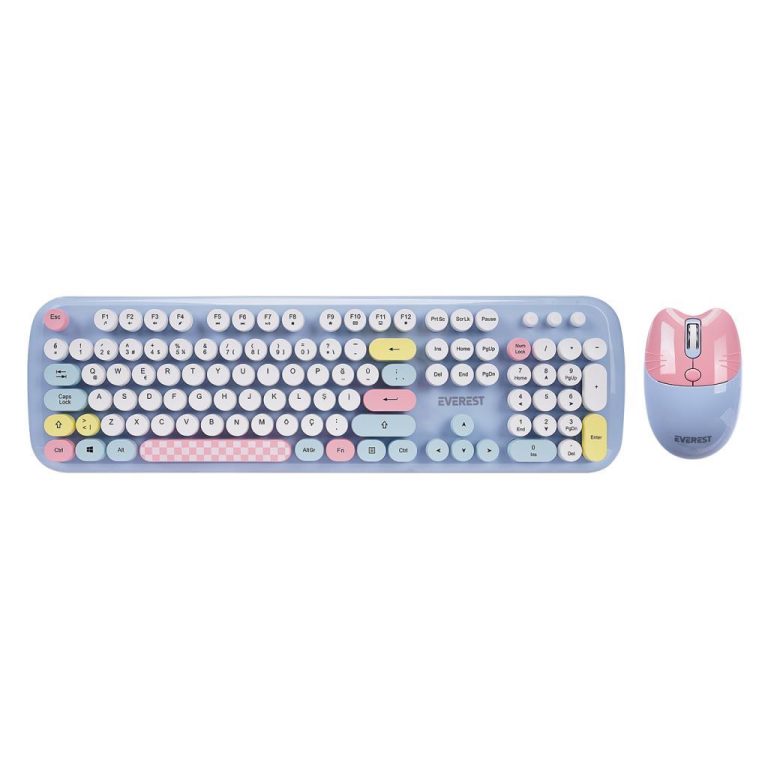 KM-6284 WHISKER Renkli Tuşlu Mavi Kablosuz Q Klavye + Mouse Set
